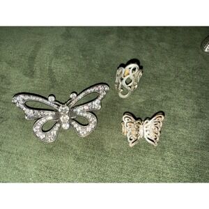Lot Of 3 Vintage Stretchy Rings Butterfly Silvertone Rhinestones